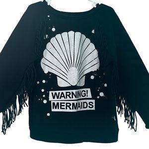 Girl's Fringe Sleeves "MERMAID WARNING" Sweatshirt by Plastic Justice - 6Y